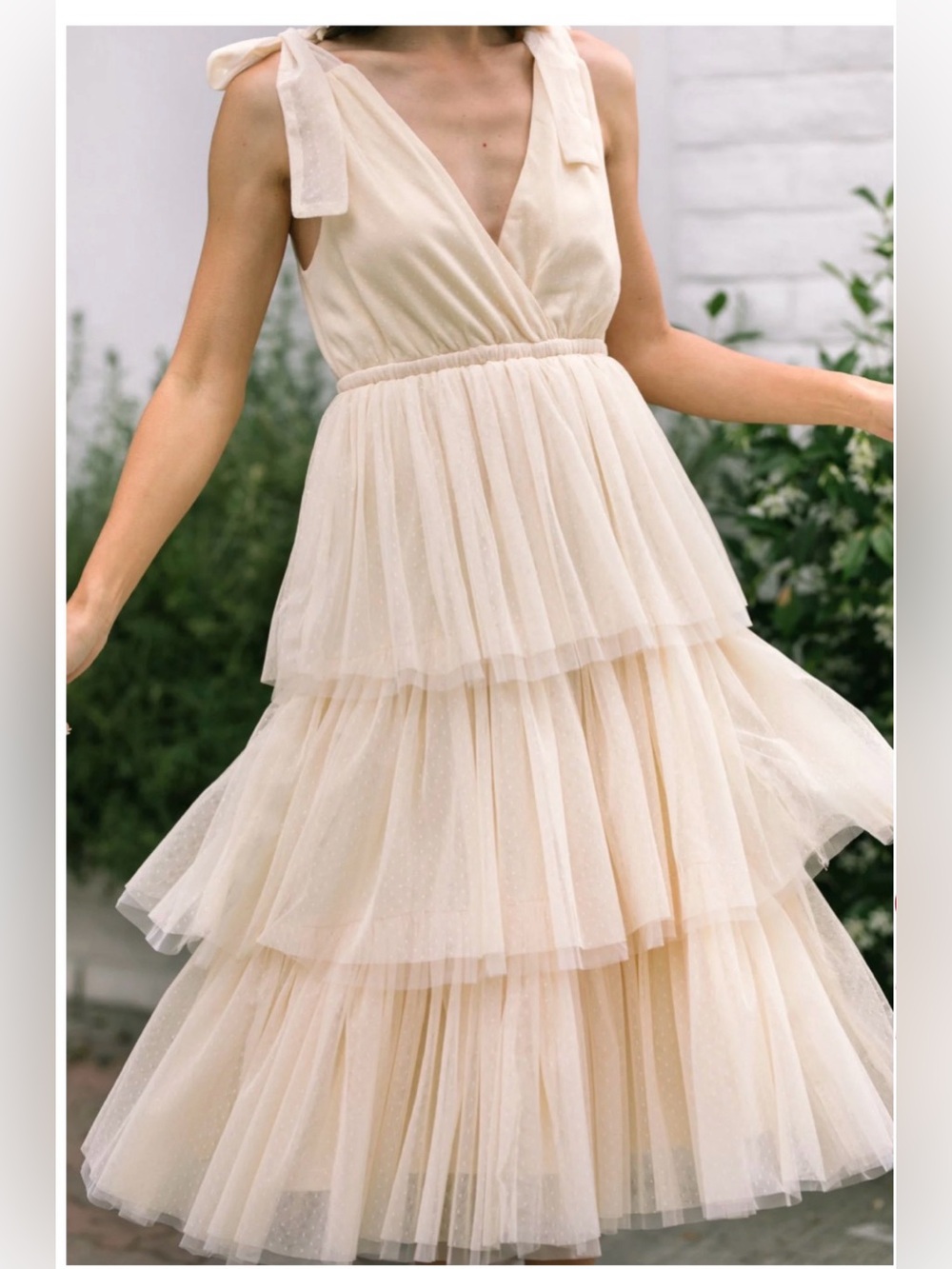In Loom Itzel Tiered Tulle Dress Ivory Swiss Dot Tie Shoulder Midi Bridal Med